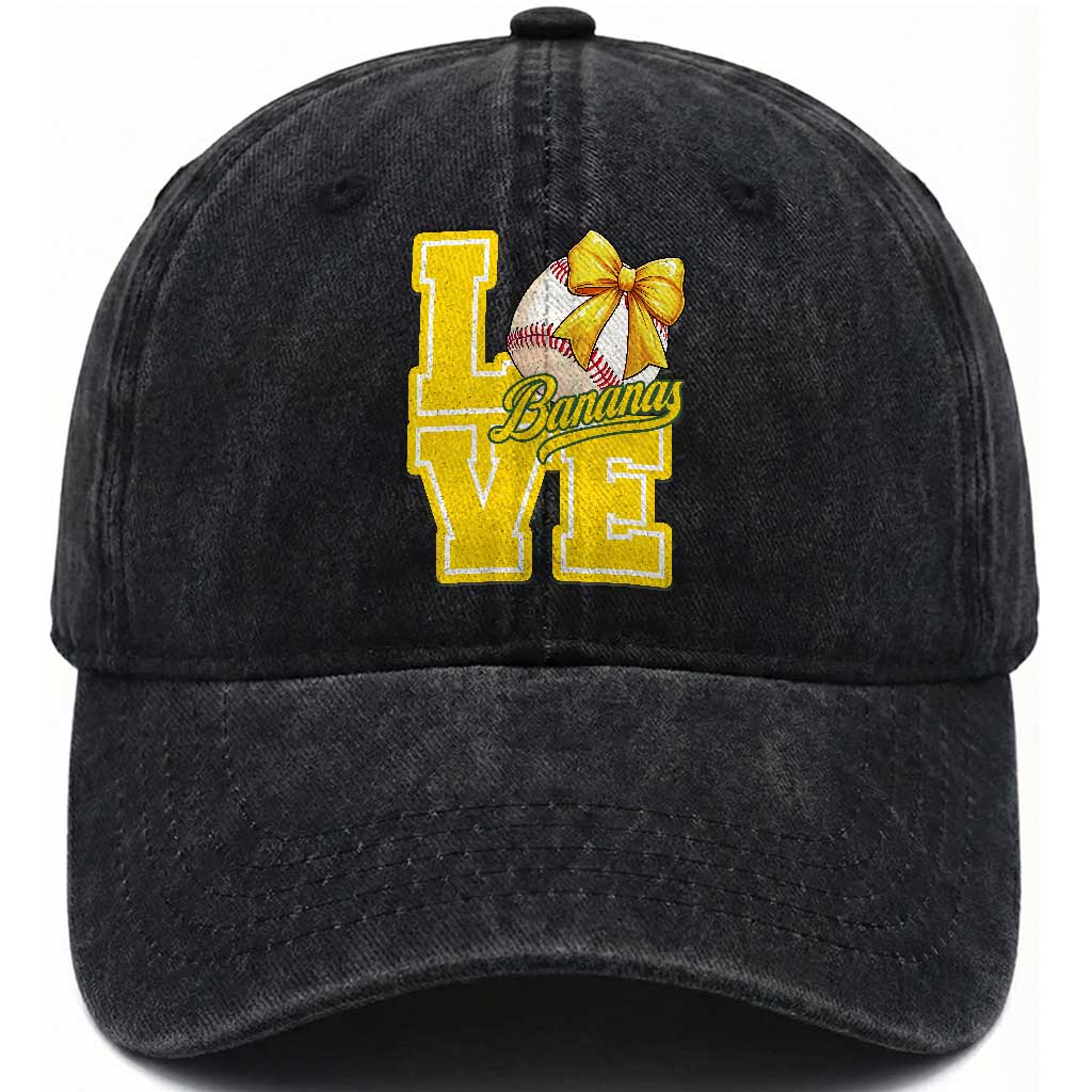 Vintage Banana Coquette Bow Washed Cotton Baseball Cap LOVE Baseball Fan Sport Lover TS02 Washed Cap Universal Fit Black Print Your Wear