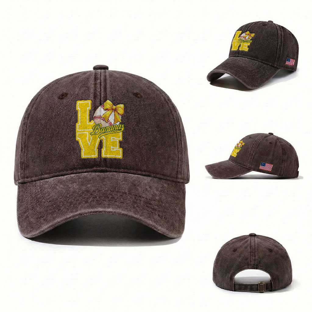 Vintage Banana Coquette Bow Washed Cotton Baseball Cap LOVE Baseball Fan Sport Lover TS02 Washed Cap Universal Fit Dark Brown Print Your Wear