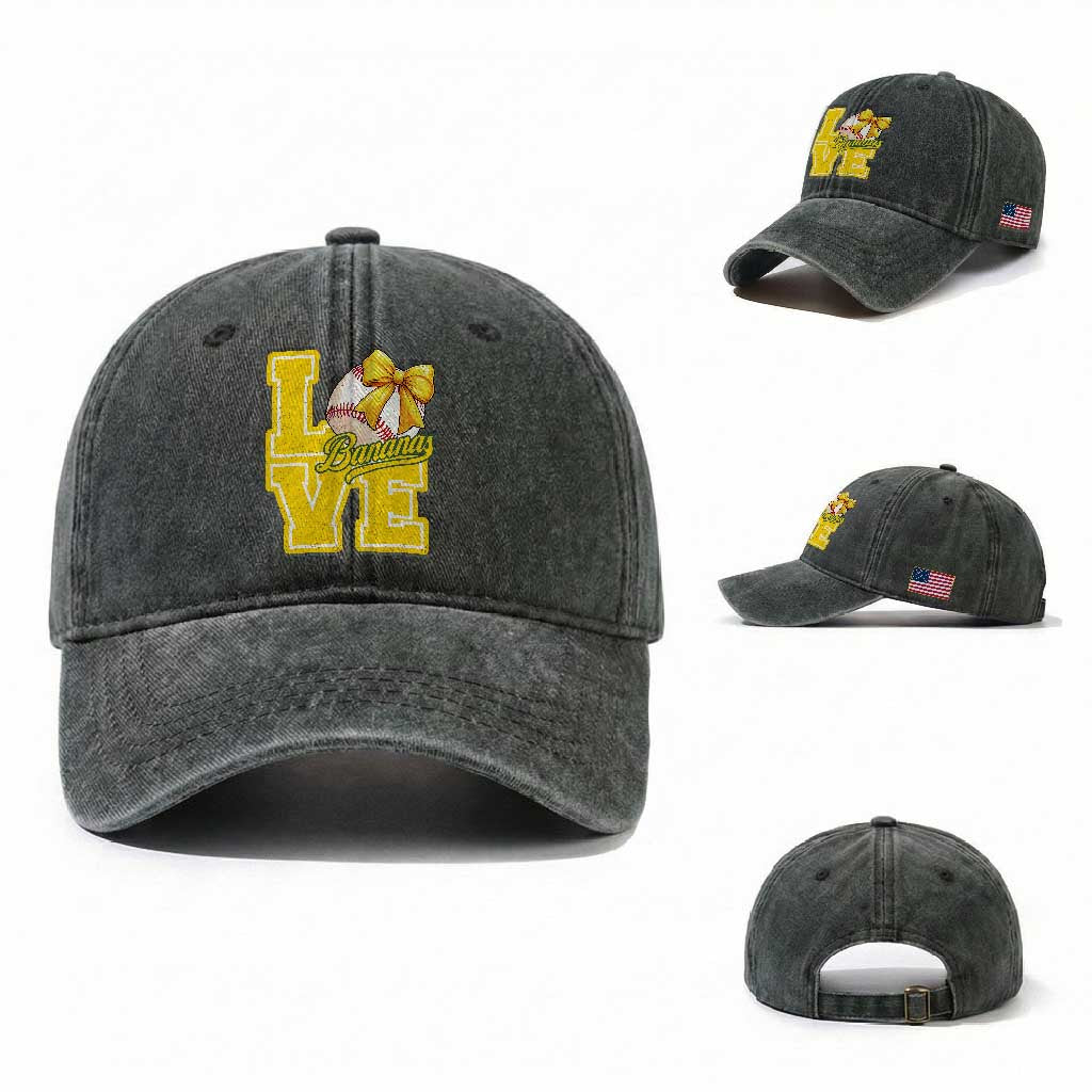 Vintage Banana Coquette Bow Washed Cotton Baseball Cap LOVE Baseball Fan Sport Lover TS02 Washed Cap Universal Fit Dark Green Print Your Wear