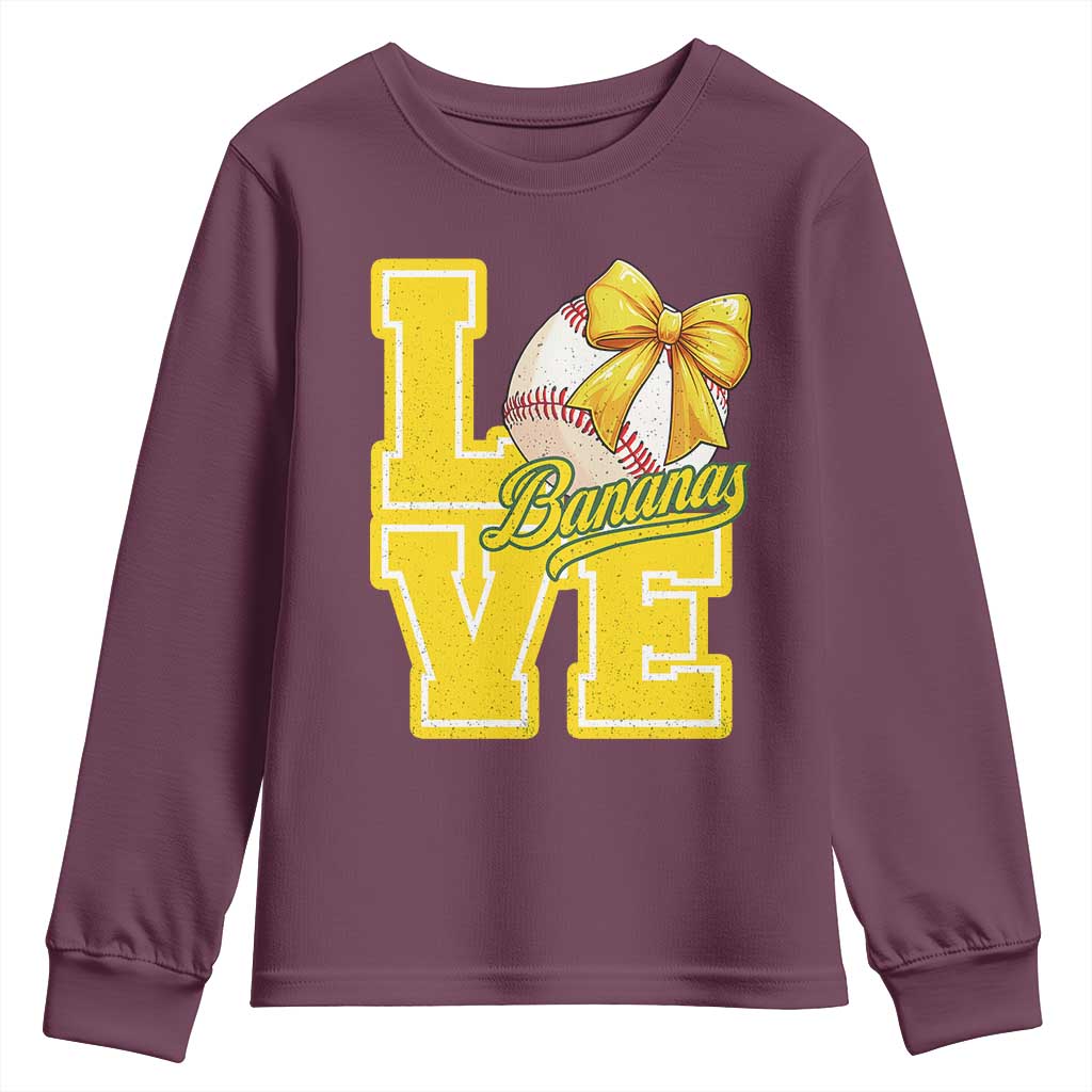 Vintage Banana Coquette Bow Youth Sweatshirt LOVE Baseball Fan Sport Lover TS02 Maroon Print Your Wear