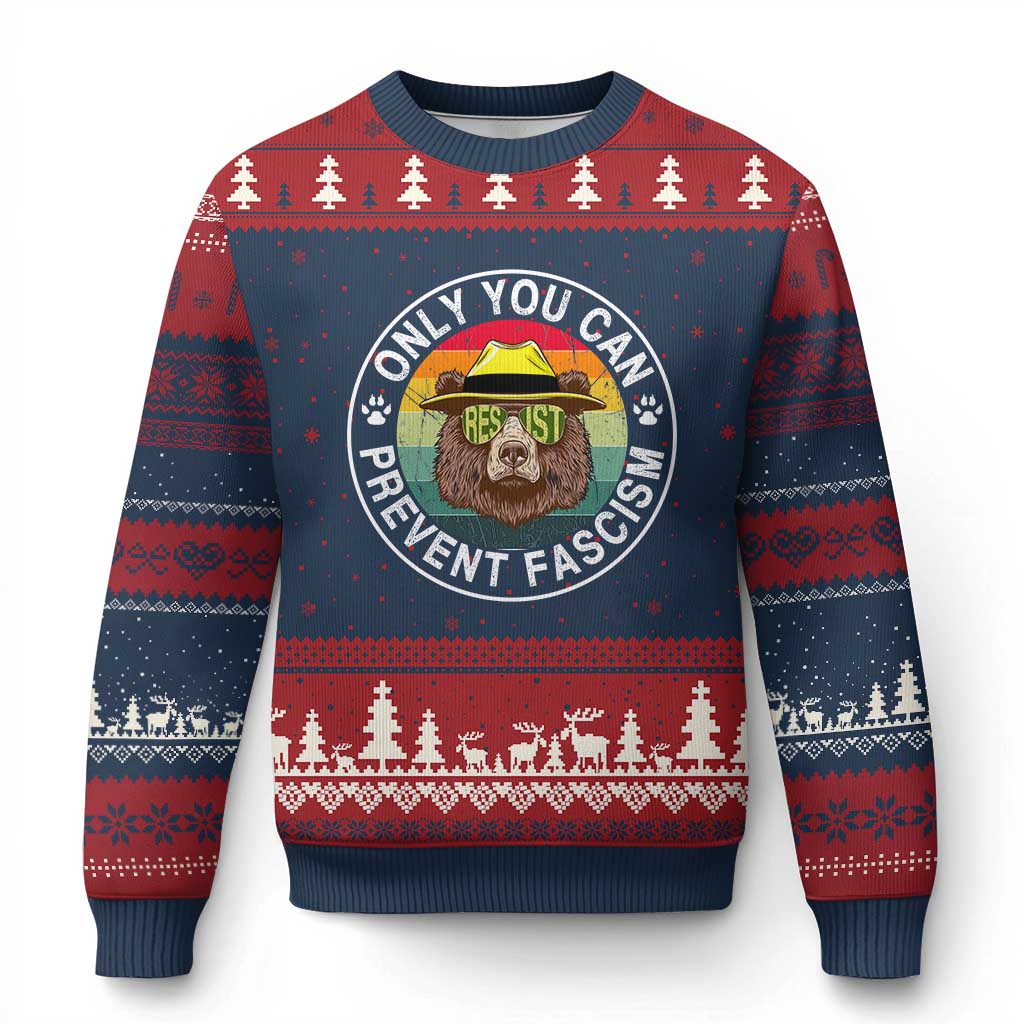 Only You Can Prevent Fascism Ugly Christmas Sweater Protect National Parks Bear Resist TS02 Navy Red Print Your Wear