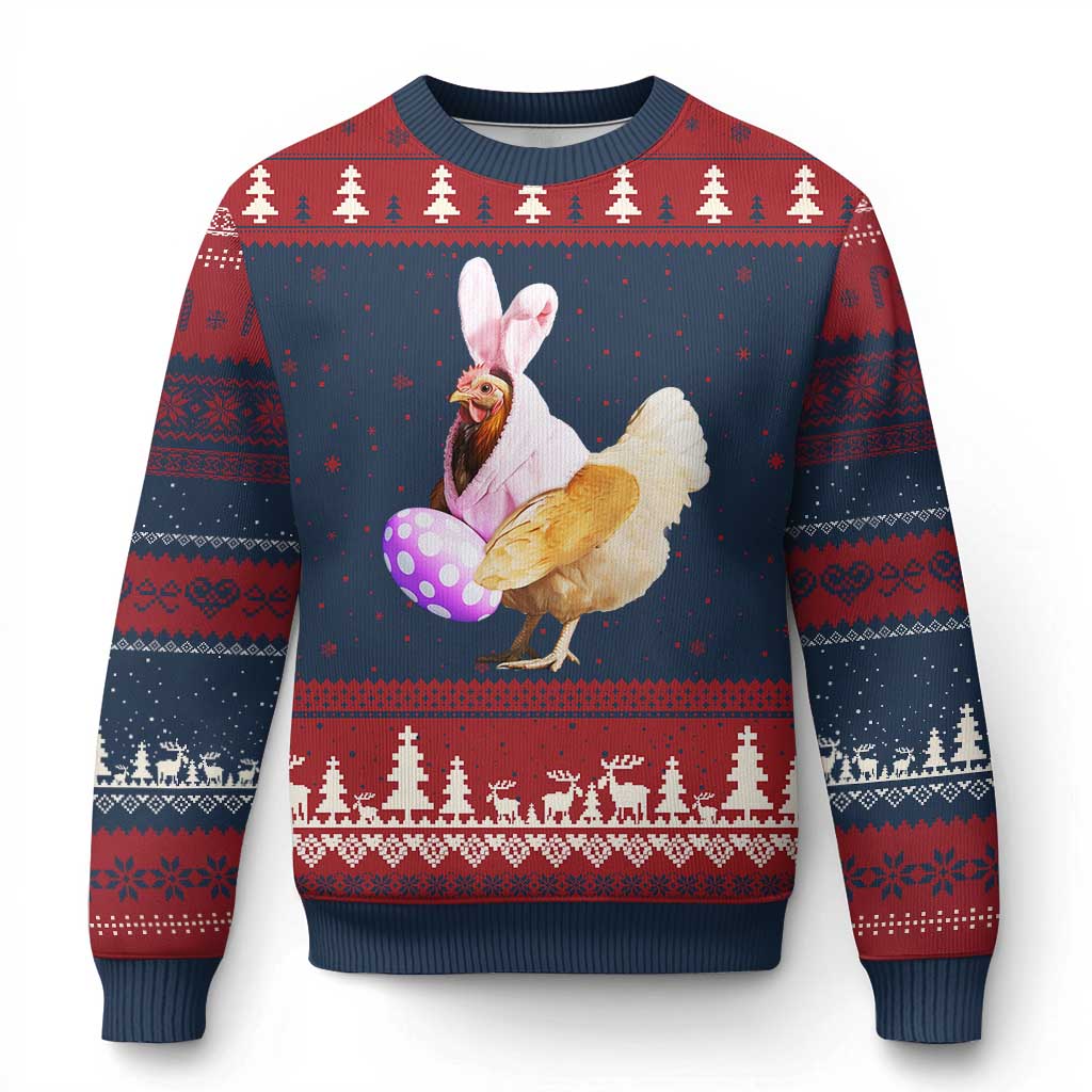 Funny Chicken Bunny Ugly Christmas Sweater Happy Easter Eggs Farm TS02 Navy Red Print Your Wear