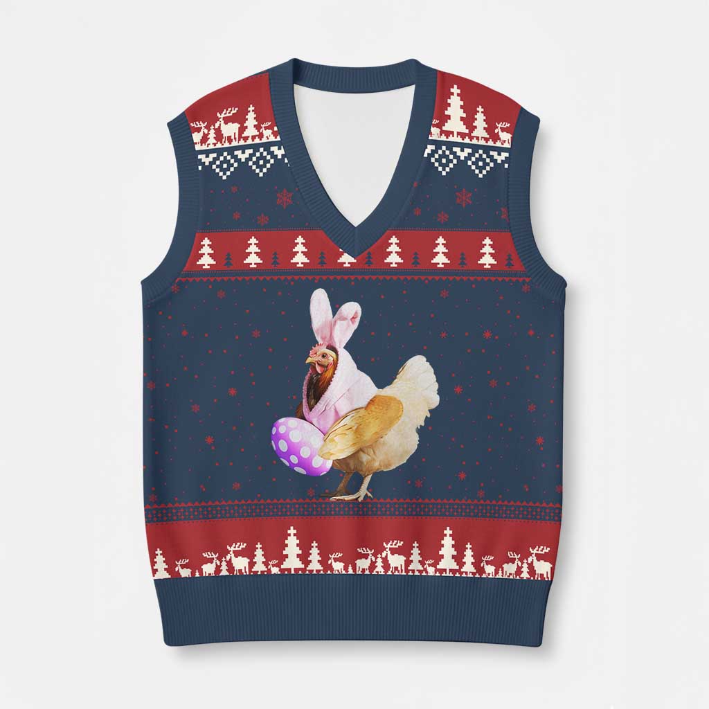 Funny Chicken Bunny V-Neck Knit Sweater Vest Happy Easter Eggs Farm TS02 Navy Red Print Your Wear