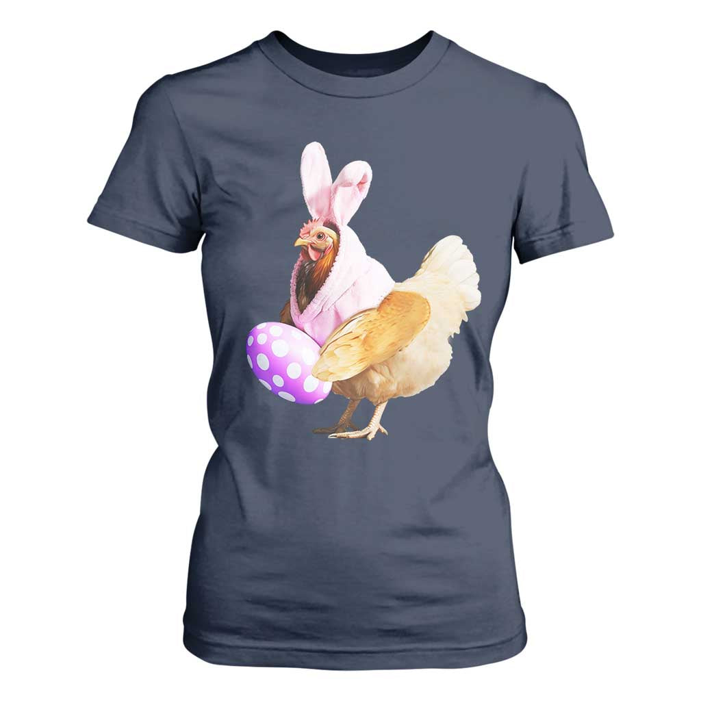 Funny Chicken Bunny T Shirt For Women Happy Easter Eggs Farm TS02 Navy Print Your Wear