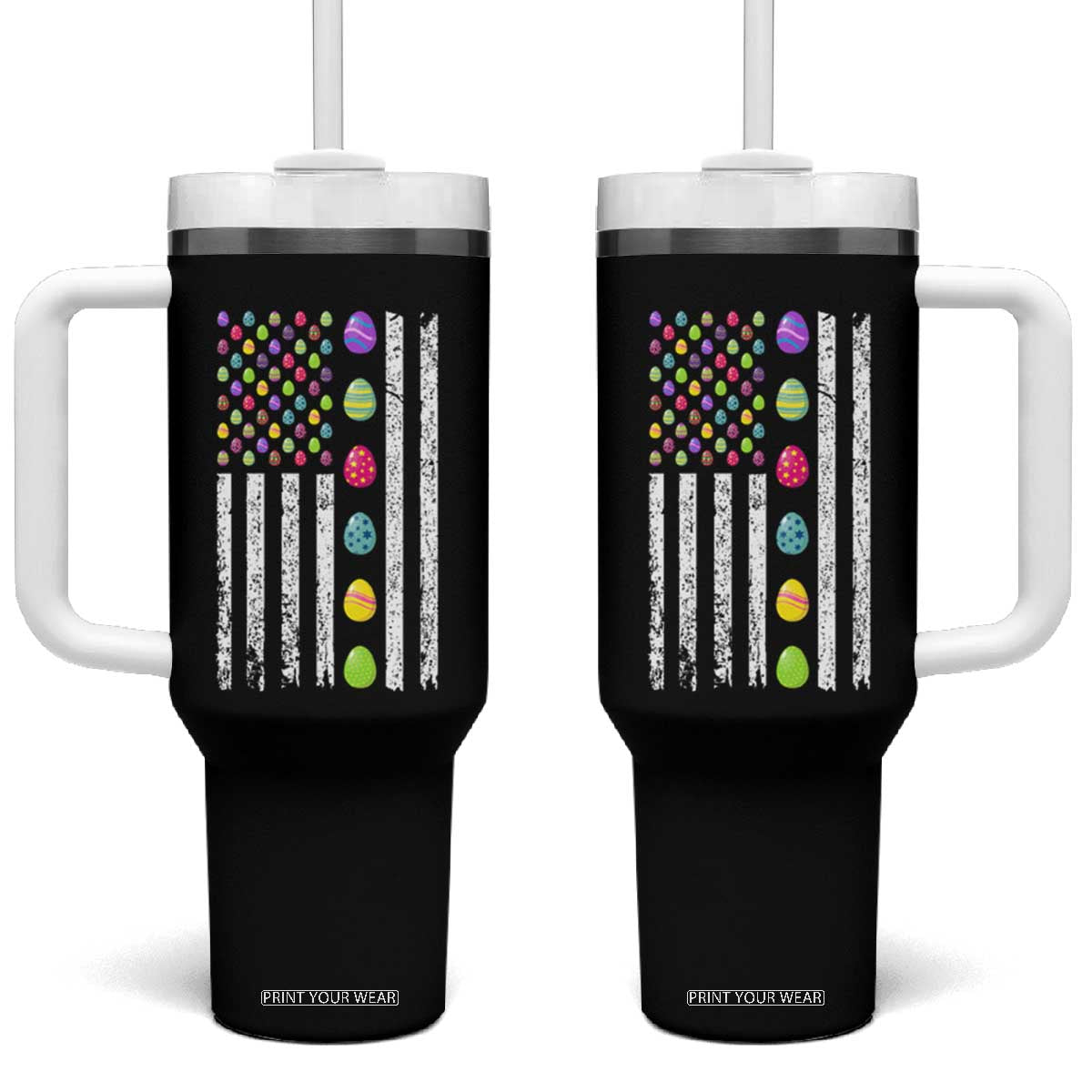 Easter Eggs American Flag Patriotic Tumbler With Handle Happy Easter Day TS02 One Size: 40 oz Black Print Your Wear