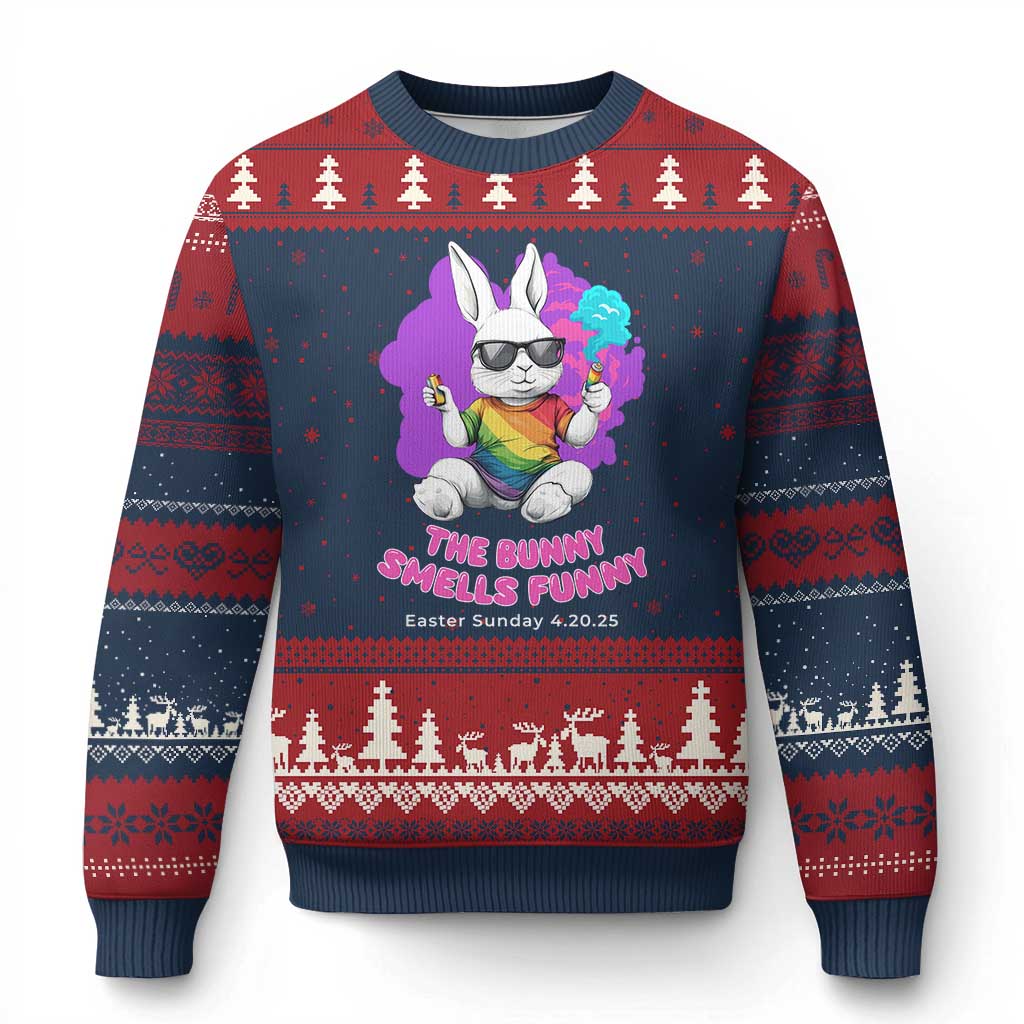 Happy 420 Easter Ugly Christmas Sweater The Bunny Smells Funny TS02 Navy Red Print Your Wear
