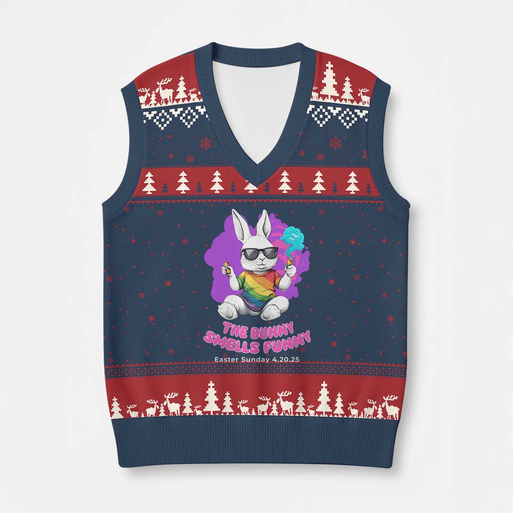 Happy 420 Easter V-Neck Knit Sweater Vest The Bunny Smells Funny TS02 Navy Red Print Your Wear