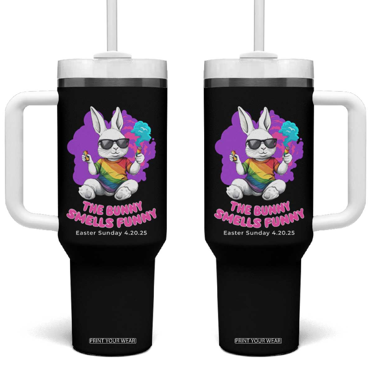 Happy 420 Easter Tumbler With Handle The Bunny Smells Funny TS02 One Size: 40 oz Black Print Your Wear