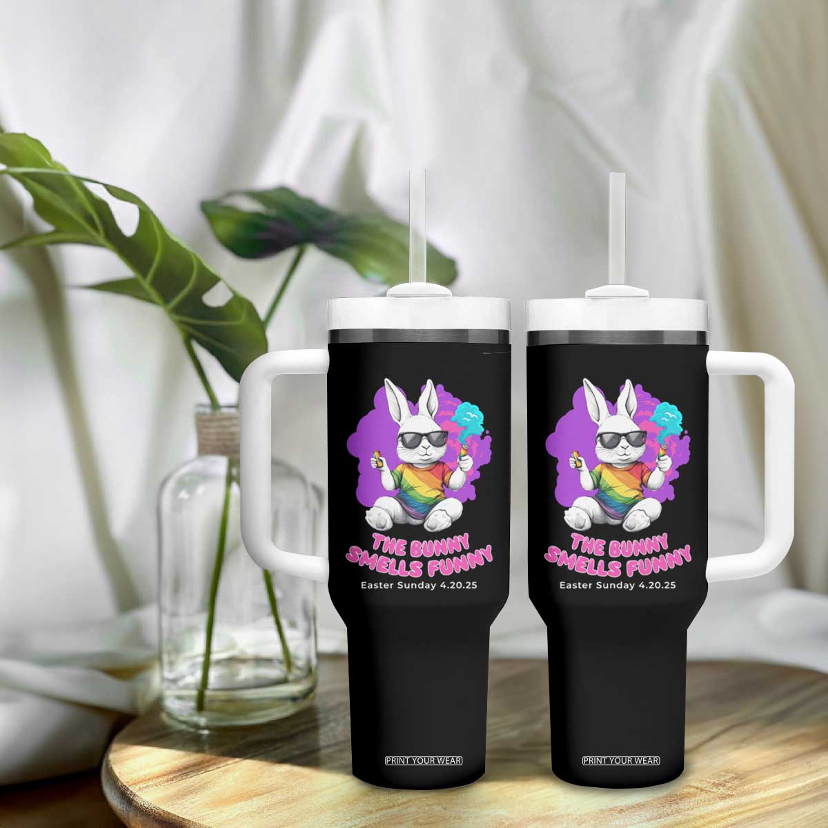 Happy 420 Easter Tumbler With Handle The Bunny Smells Funny TS02 Print Your Wear
