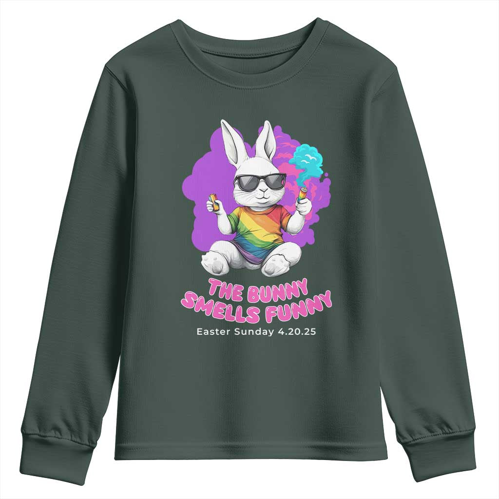 Happy 420 Easter Youth Sweatshirt The Bunny Smells Funny TS02 Dark Forest Green Print Your Wear