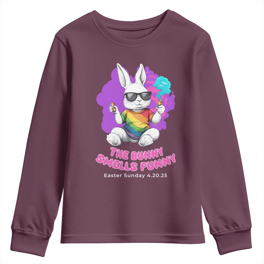 Happy 420 Easter Youth Sweatshirt The Bunny Smells Funny TS02 Maroon Print Your Wear
