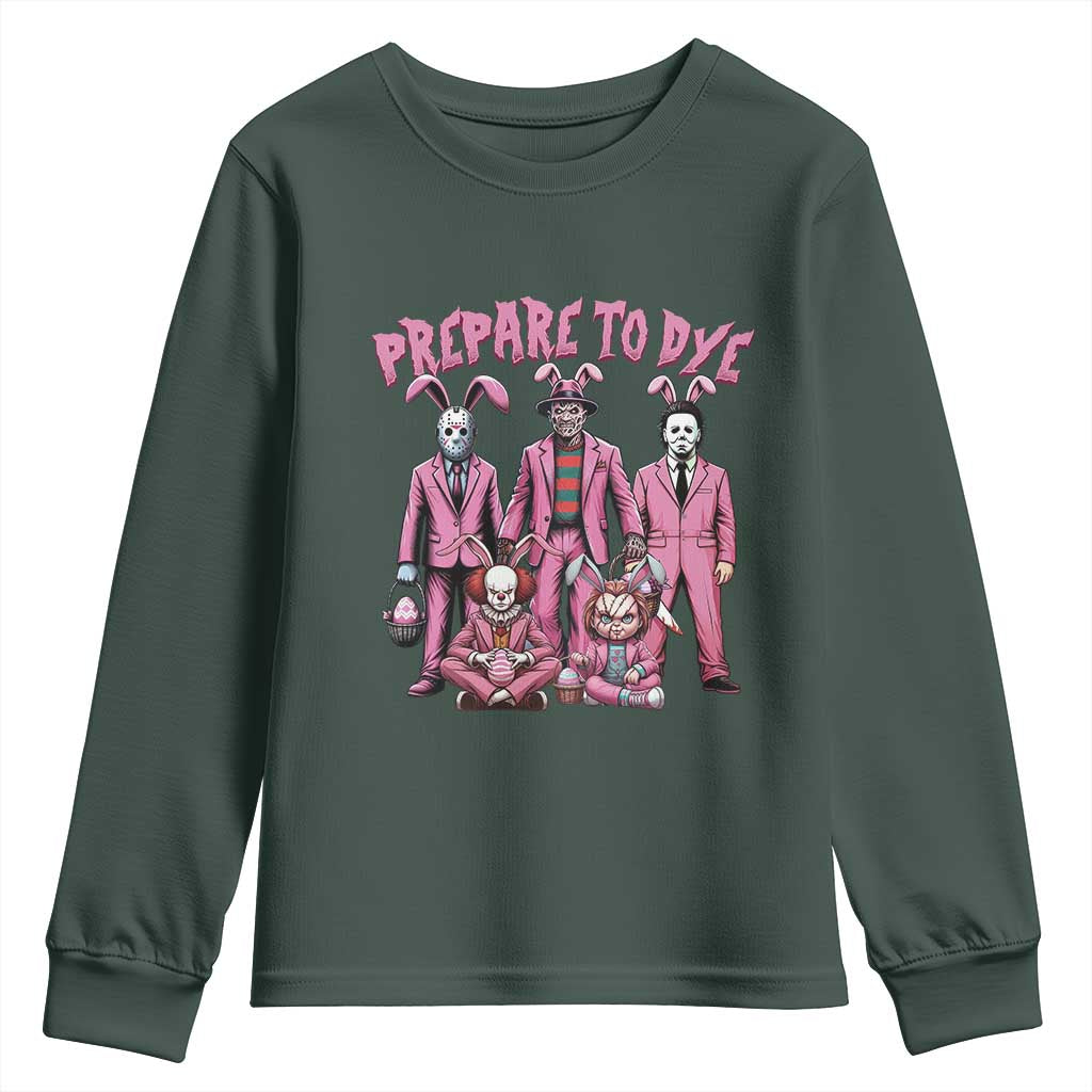 Prepare to Groovy Dye Funny Bunny Easter Youth Sweatshirt Horror Dyeing Eggs TS02 Dark Forest Green Print Your Wear