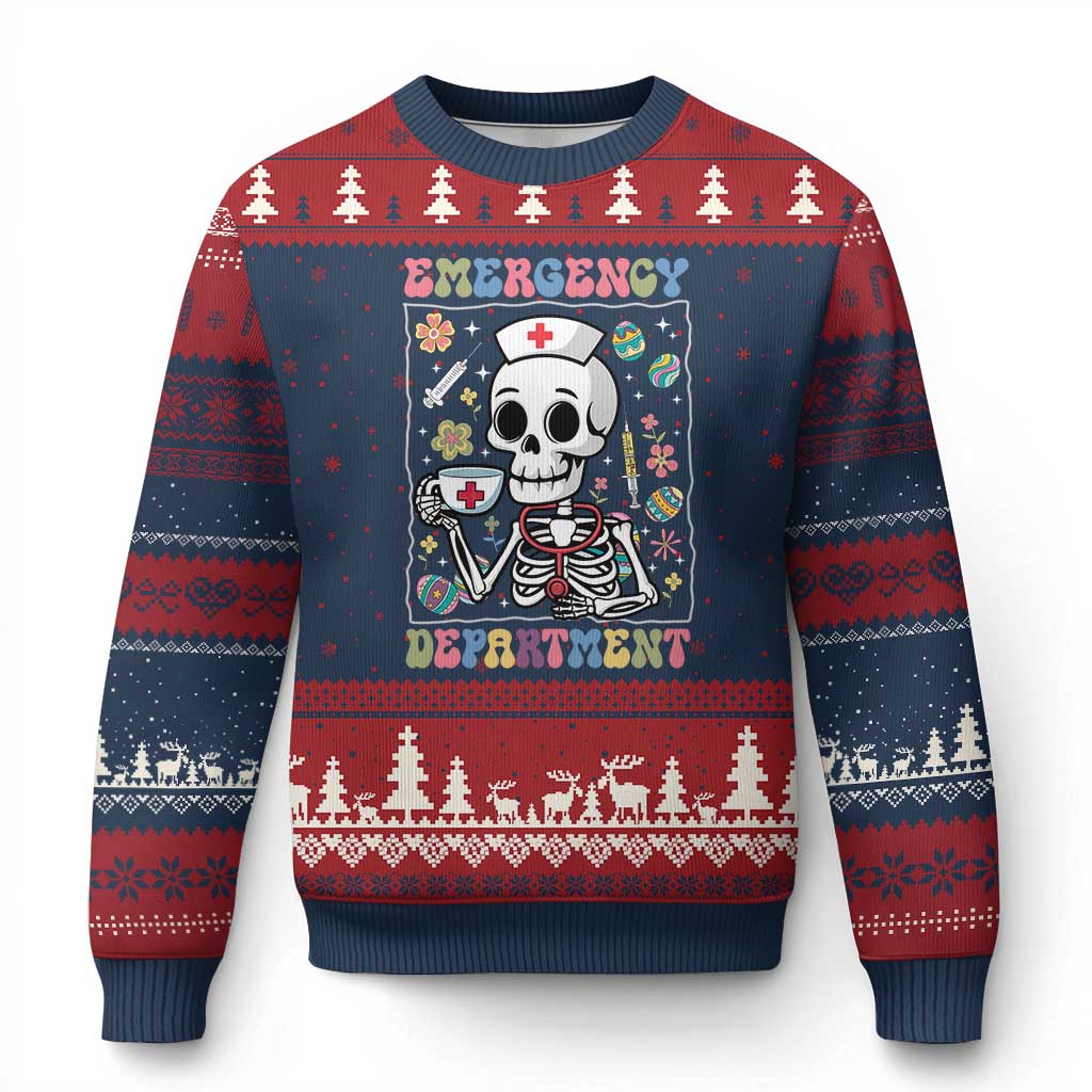 Emergency Department Skeleton Nurse Easter Ugly Christmas Sweater ER Nursing Room TS02 Navy Red Print Your Wear