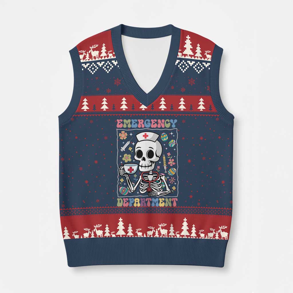 Emergency Department Skeleton Nurse Easter V-Neck Knit Sweater Vest ER Nursing Room TS02 Navy Red Print Your Wear