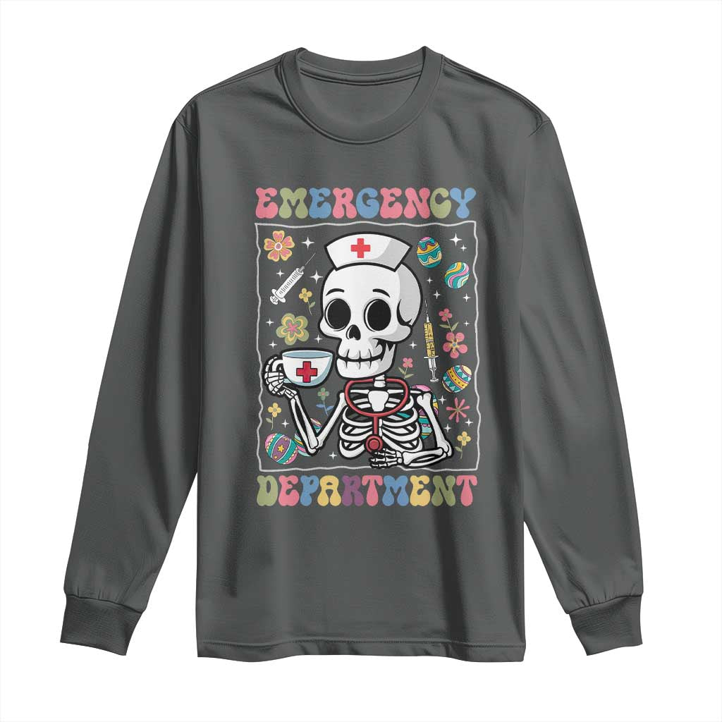 Emergency Department Skeleton Nurse Easter Long Sleeve Shirt ER Nursing Room TS02 Dark Heather Print Your Wear