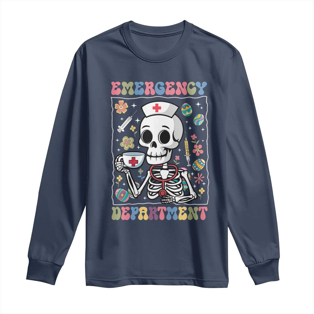 Emergency Department Skeleton Nurse Easter Long Sleeve Shirt ER Nursing Room TS02 Navy Print Your Wear