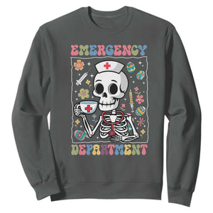 Emergency Department Skeleton Nurse Easter Sweatshirt ER Nursing Room TS02 Dark Heather Print Your Wear