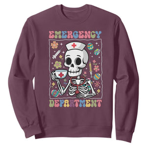 Emergency Department Skeleton Nurse Easter Sweatshirt ER Nursing Room TS02 Maroon Print Your Wear