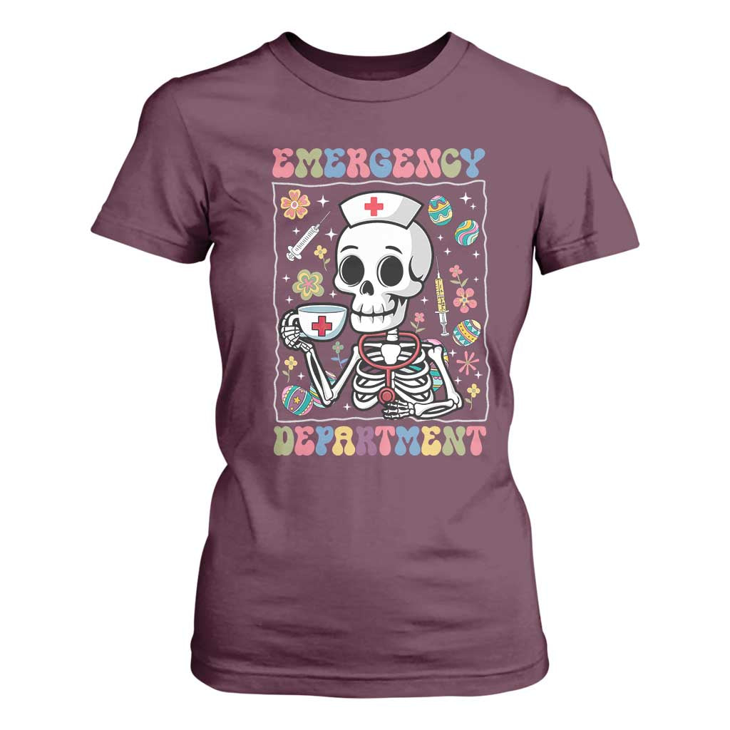 Emergency Department Skeleton Nurse Easter T Shirt For Women ER Nursing Room TS02 Maroon Print Your Wear