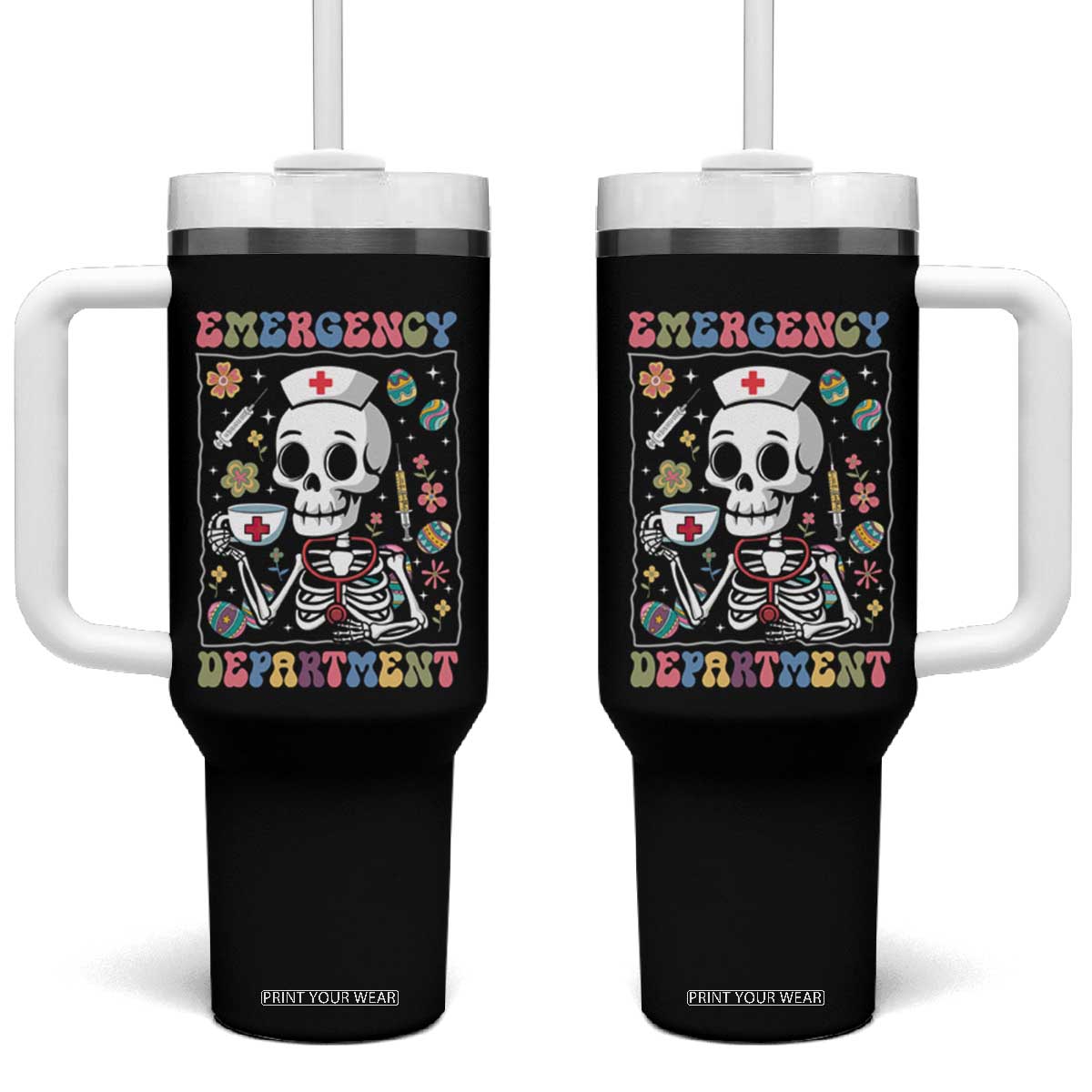 Emergency Department Skeleton Nurse Easter Tumbler With Handle ER Nursing Room TS02 One Size: 40 oz Black Print Your Wear