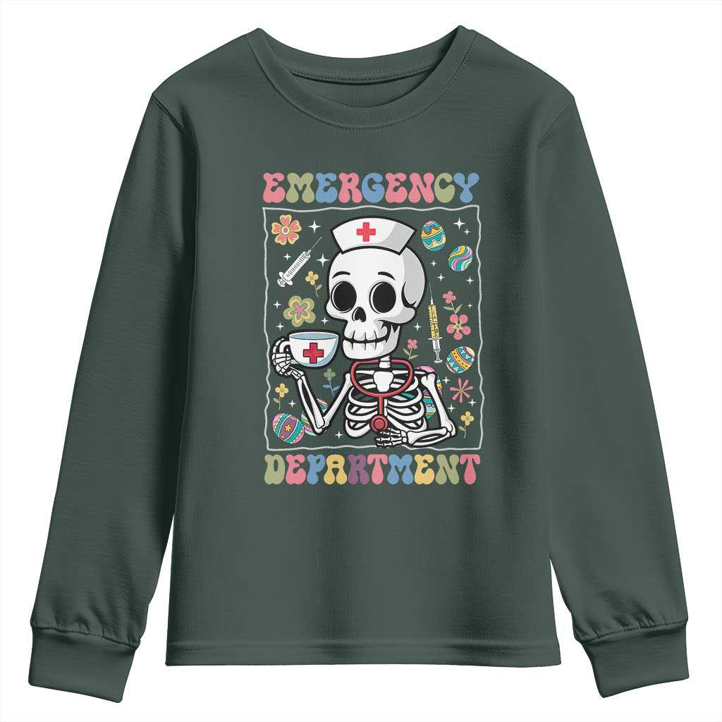Emergency Department Skeleton Nurse Easter Youth Sweatshirt ER Nursing Room TS02 Dark Forest Green Print Your Wear