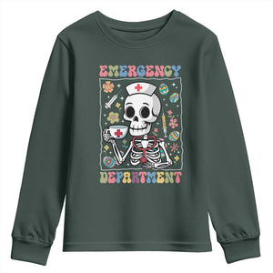 Emergency Department Skeleton Nurse Easter Youth Sweatshirt ER Nursing Room TS02 Dark Forest Green Print Your Wear