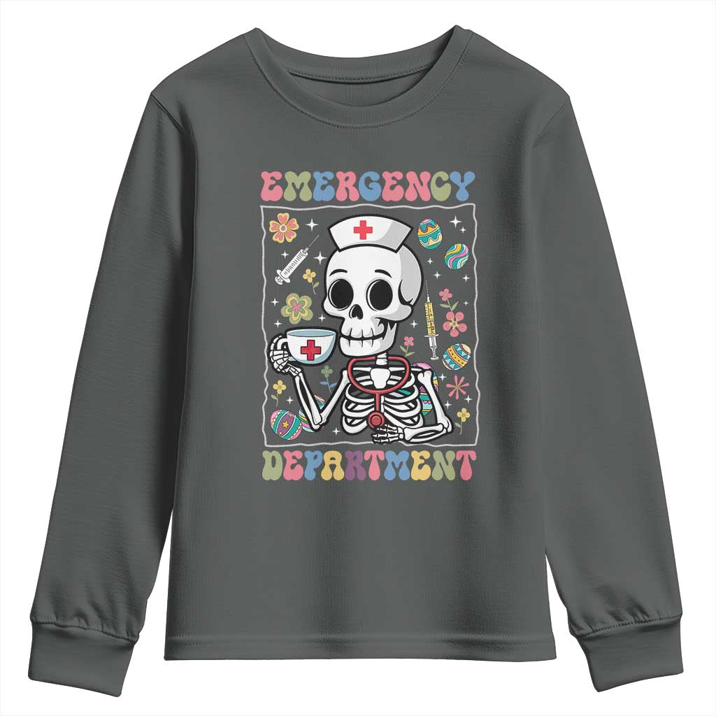 Emergency Department Skeleton Nurse Easter Youth Sweatshirt ER Nursing Room TS02 Dark Heather Print Your Wear