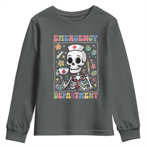 Emergency Department Skeleton Nurse Easter Youth Sweatshirt ER Nursing Room TS02 Dark Heather Print Your Wear