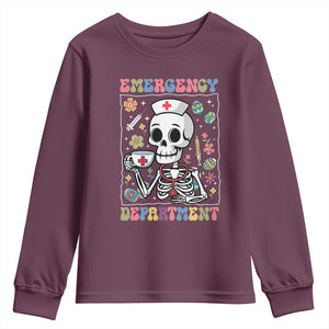 Emergency Department Skeleton Nurse Easter Youth Sweatshirt ER Nursing Room TS02 Maroon Print Your Wear