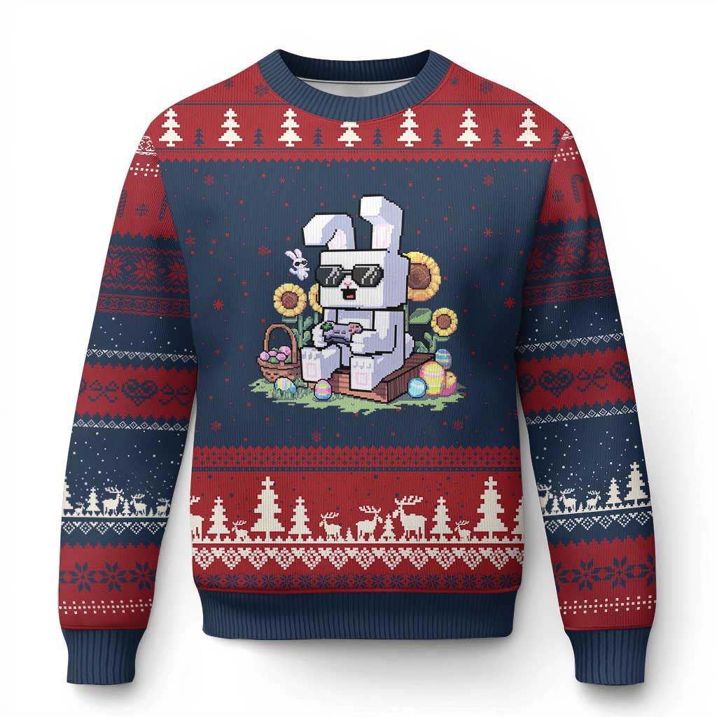 Pixel Art Gamer Bunny Easter Ugly Christmas Sweater Cool Retro Gaming Vibes TS02 Navy Red Print Your Wear