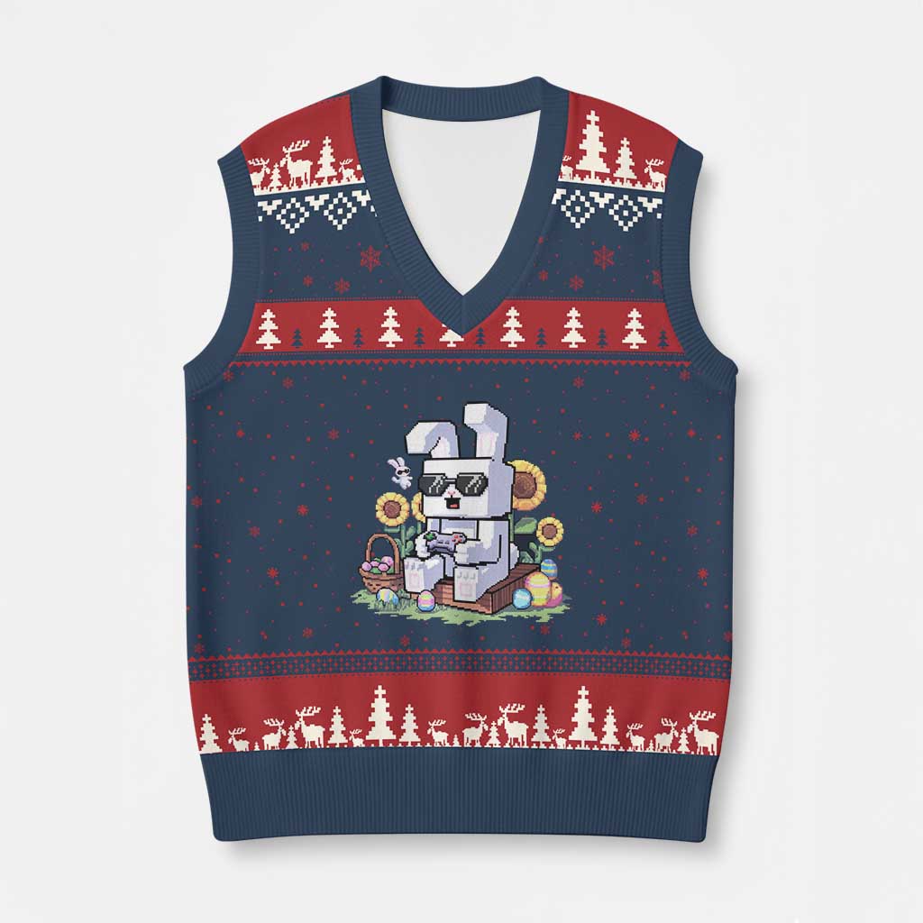 Pixel Art Gamer Bunny Easter V-Neck Knit Sweater Vest Cool Retro Gaming Vibes TS02 Navy Red Print Your Wear