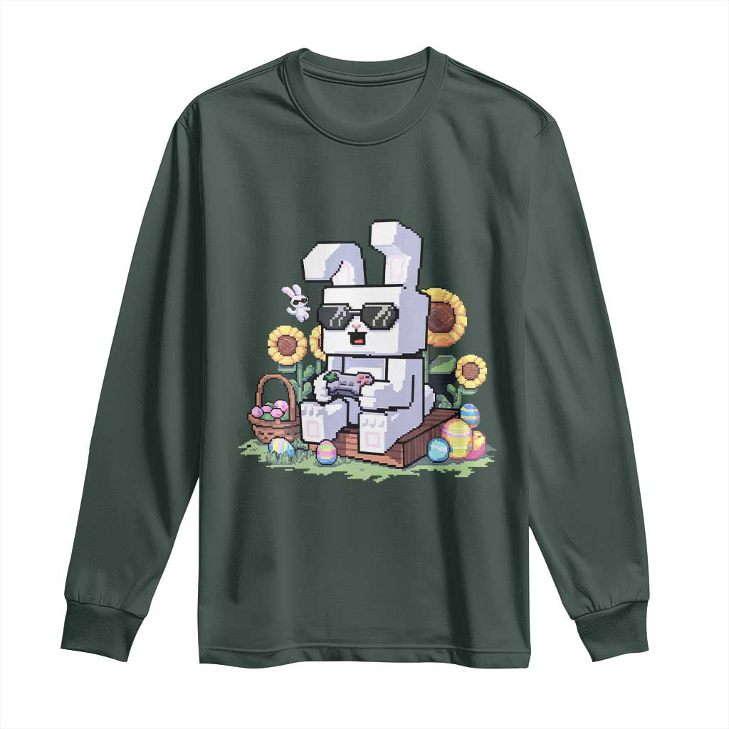 Pixel Art Gamer Bunny Easter Long Sleeve Shirt Cool Retro Gaming Vibes TS02 Dark Forest Green Print Your Wear