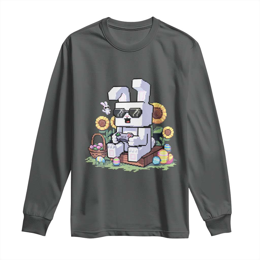 Pixel Art Gamer Bunny Easter Long Sleeve Shirt Cool Retro Gaming Vibes TS02 Dark Heather Print Your Wear