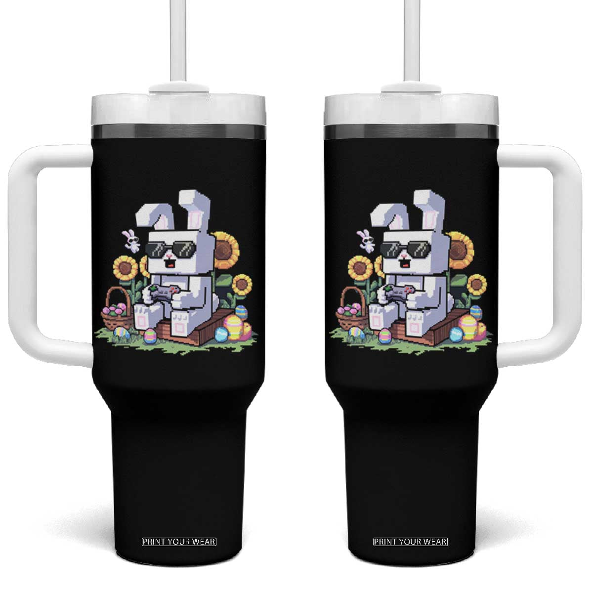 Pixel Art Gamer Bunny Easter Tumbler With Handle Cool Retro Gaming Vibes TS02 One Size: 40 oz Black Print Your Wear