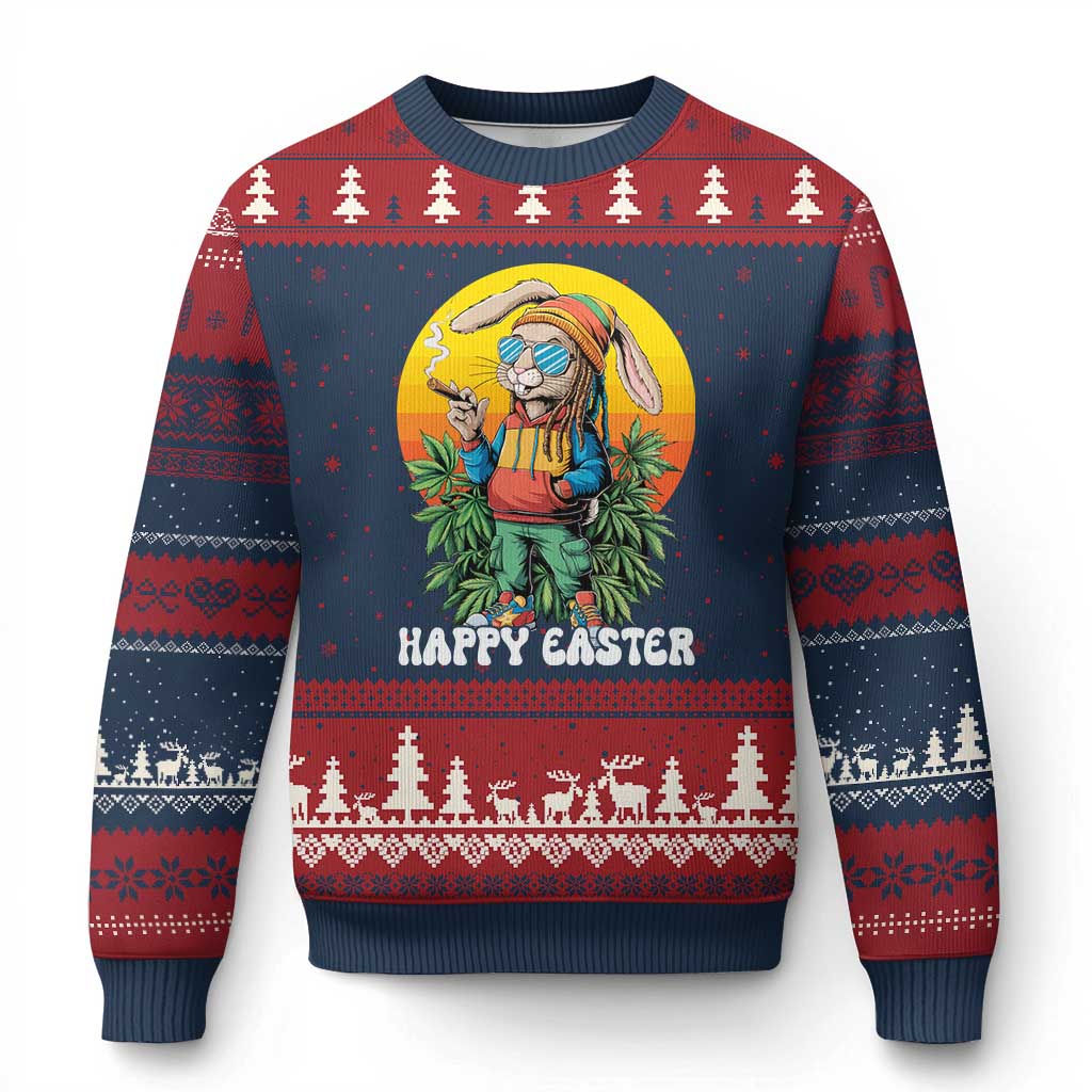 Happy 420 Easter Ugly Christmas Sweater Funny Bunny Smoking Weed TS02 Navy Red Print Your Wear