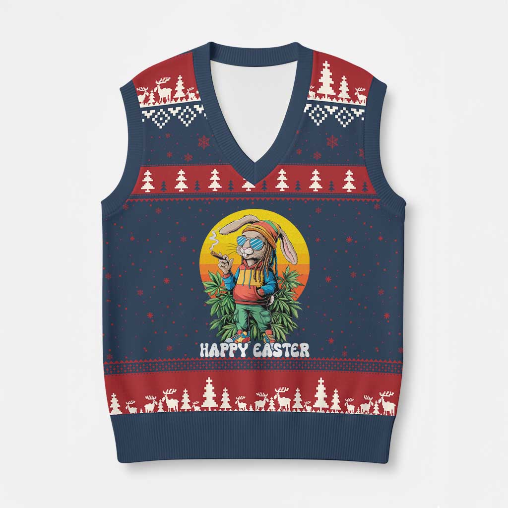Happy 420 Easter V-Neck Knit Sweater Vest Funny Bunny Smoking Weed TS02 Navy Red Print Your Wear