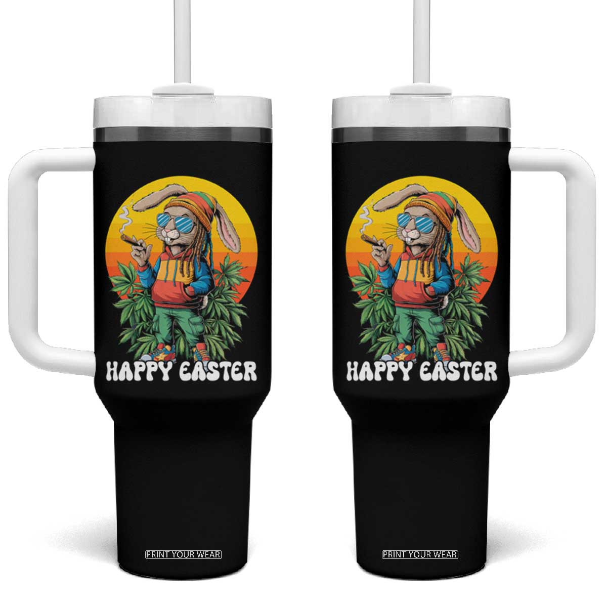 Happy 420 Easter Tumbler With Handle Funny Bunny Smoking Weed TS02 One Size: 40 oz Black Print Your Wear