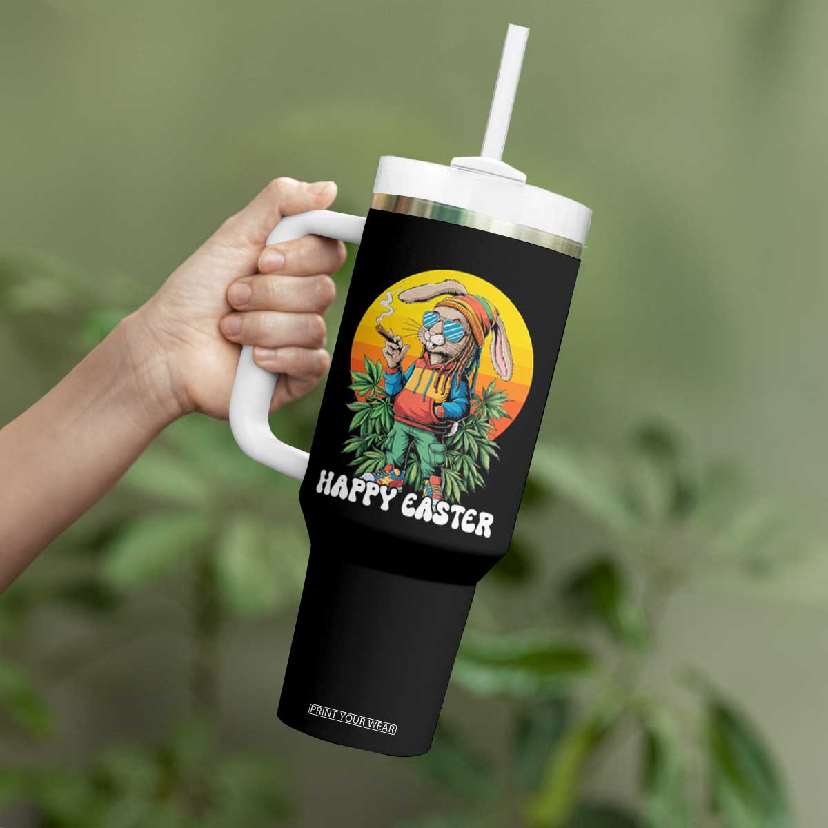 Happy 420 Easter Tumbler With Handle Funny Bunny Smoking Weed TS02 Print Your Wear