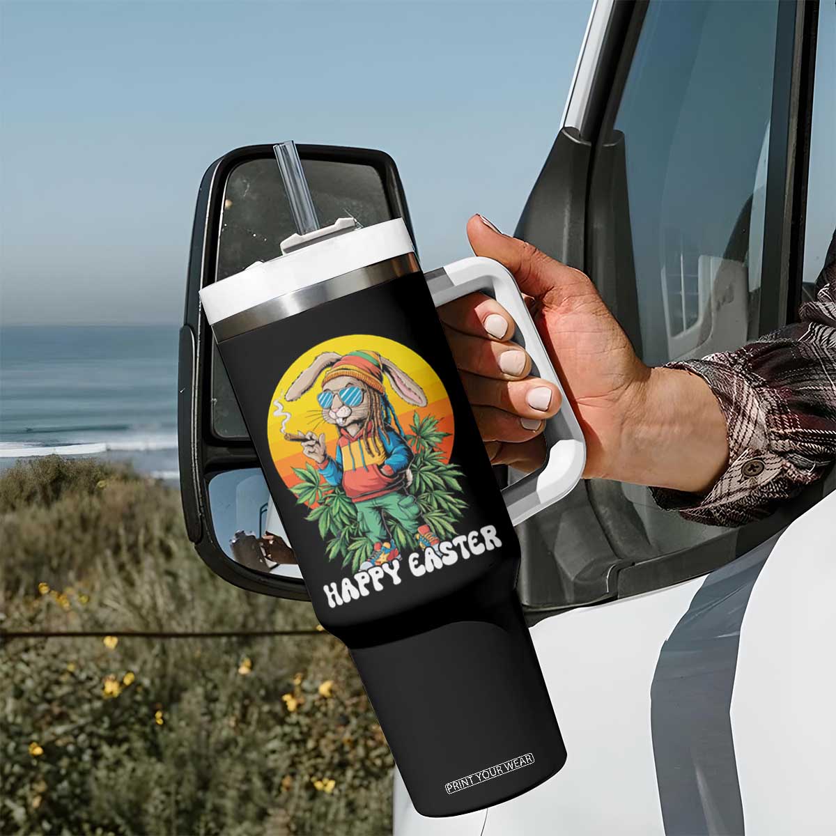 Happy 420 Easter Tumbler With Handle Funny Bunny Smoking Weed TS02 Print Your Wear