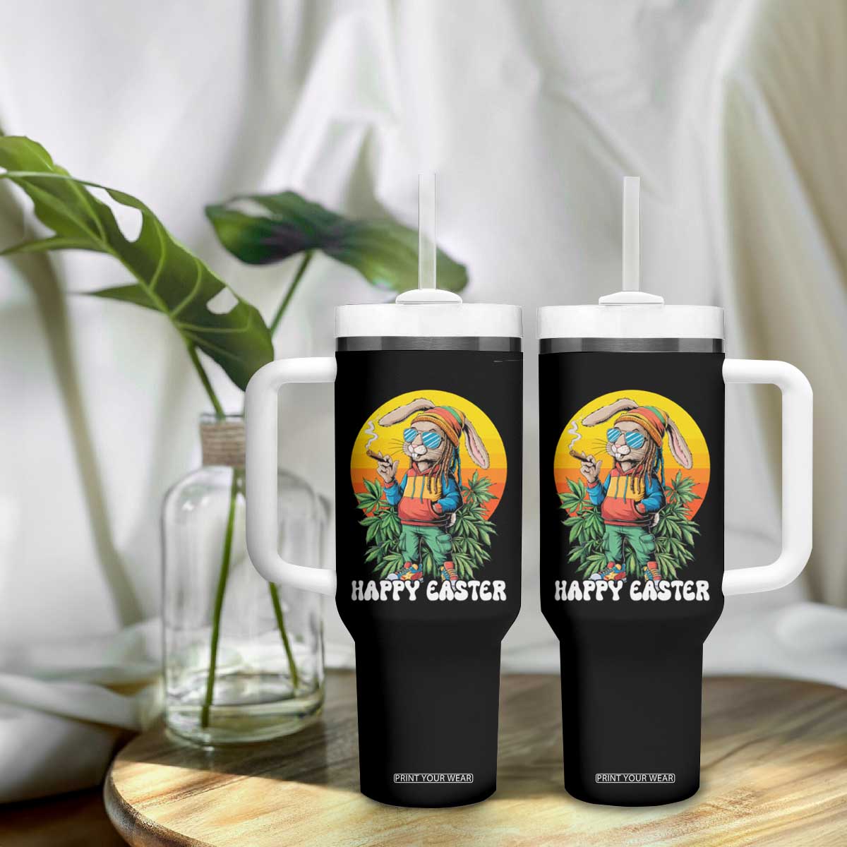 Happy 420 Easter Tumbler With Handle Funny Bunny Smoking Weed TS02 Print Your Wear