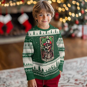 Skeleton 420 The Stoner Ugly Christmas Sweater Retro Tarot Card Weed Lover Cannabis Trippy Vibes TS02 Forest Green Beige Print Your Wear