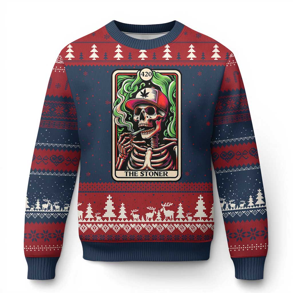 Skeleton 420 The Stoner Ugly Christmas Sweater Retro Tarot Card Weed Lover Cannabis Trippy Vibes TS02 Navy Red Print Your Wear