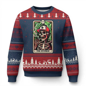 Skeleton 420 The Stoner Ugly Christmas Sweater Retro Tarot Card Weed Lover Cannabis Trippy Vibes TS02 Navy Red Print Your Wear