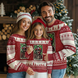 Skeleton 420 The Stoner Ugly Christmas Sweater Retro Tarot Card Weed Lover Cannabis Trippy Vibes TS02 Red Beige Print Your Wear