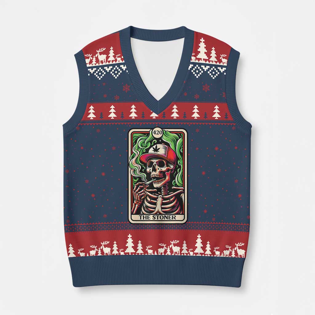 Skeleton 420 The Stoner V-Neck Knit Sweater Vest Retro Tarot Card Weed Lover Cannabis Trippy Vibes TS02 Navy Red Print Your Wear