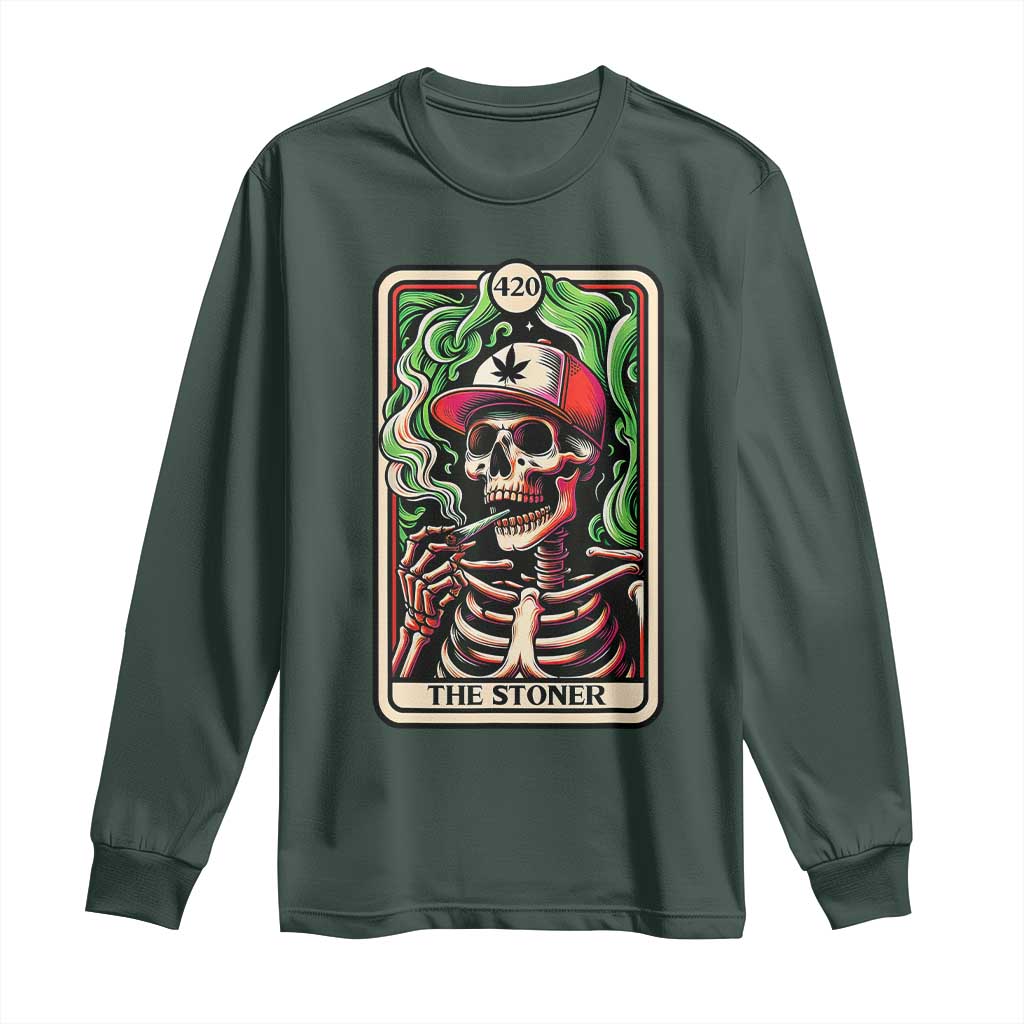 Skeleton 420 The Stoner Long Sleeve Shirt Retro Tarot Card Weed Lover Cannabis Trippy Vibes TS02 Dark Forest Green Print Your Wear
