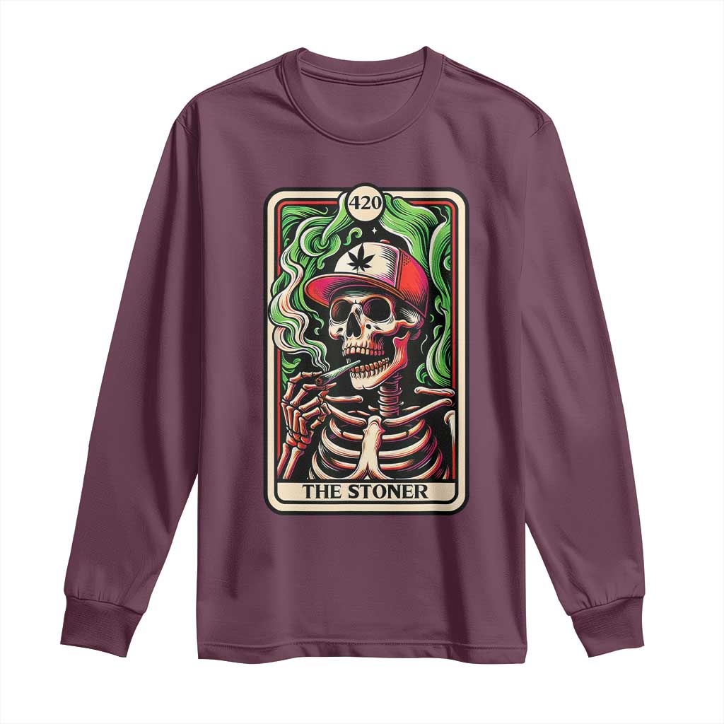 Skeleton 420 The Stoner Long Sleeve Shirt Retro Tarot Card Weed Lover Cannabis Trippy Vibes TS02 Maroon Print Your Wear