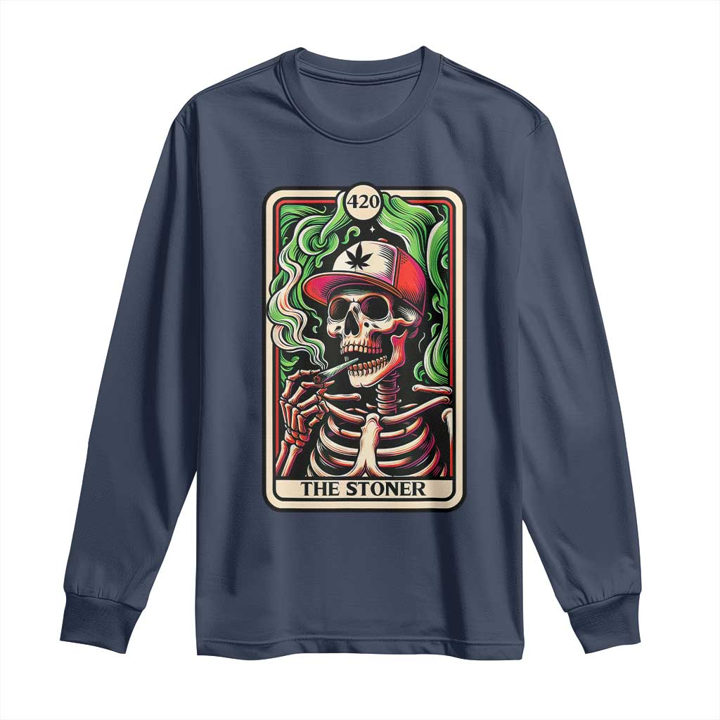 Skeleton 420 The Stoner Long Sleeve Shirt Retro Tarot Card Weed Lover Cannabis Trippy Vibes TS02 Navy Print Your Wear