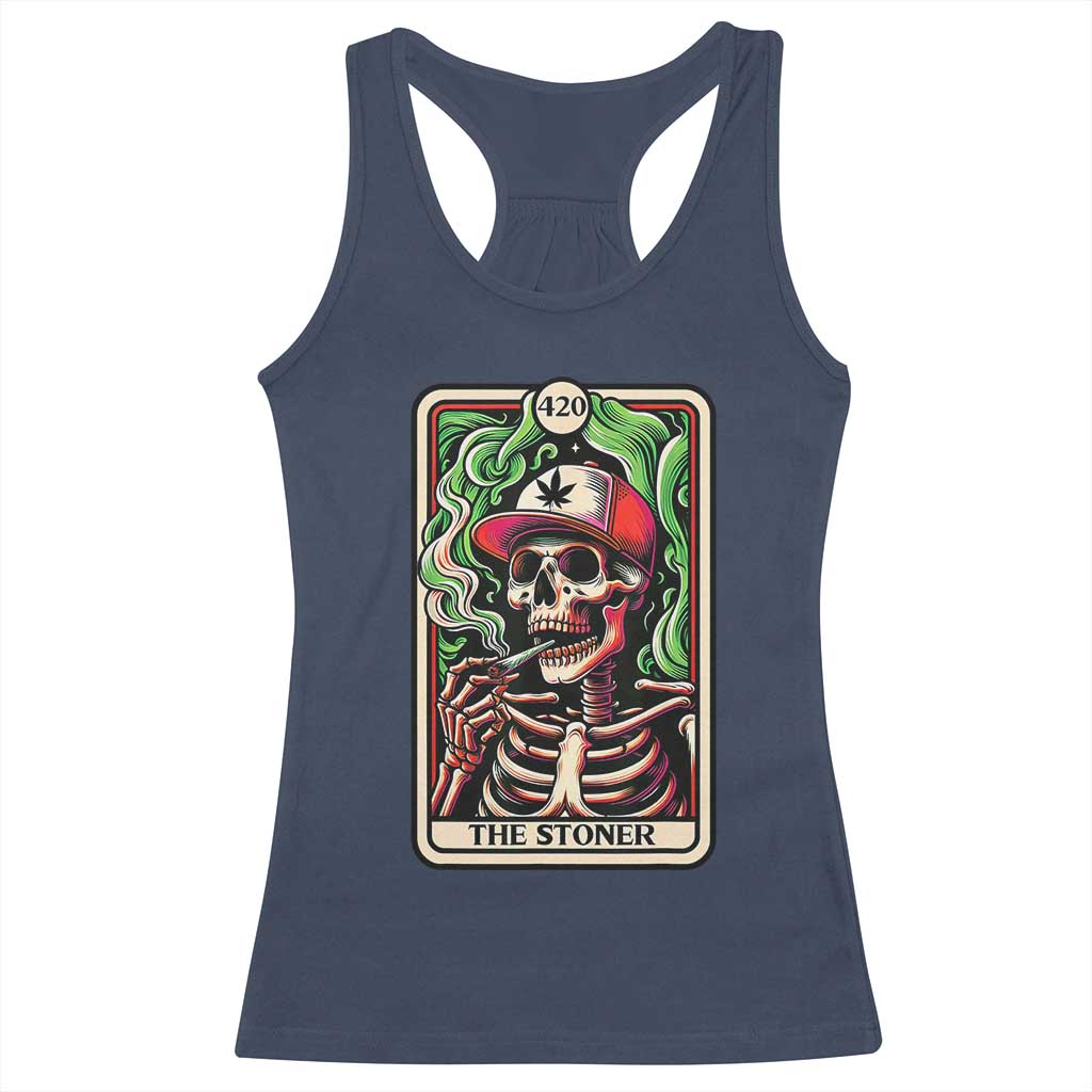 Skeleton 420 The Stoner Racerback Tank Top Retro Tarot Card Weed Lover Cannabis Trippy Vibes TS02 Navy Print Your Wear
