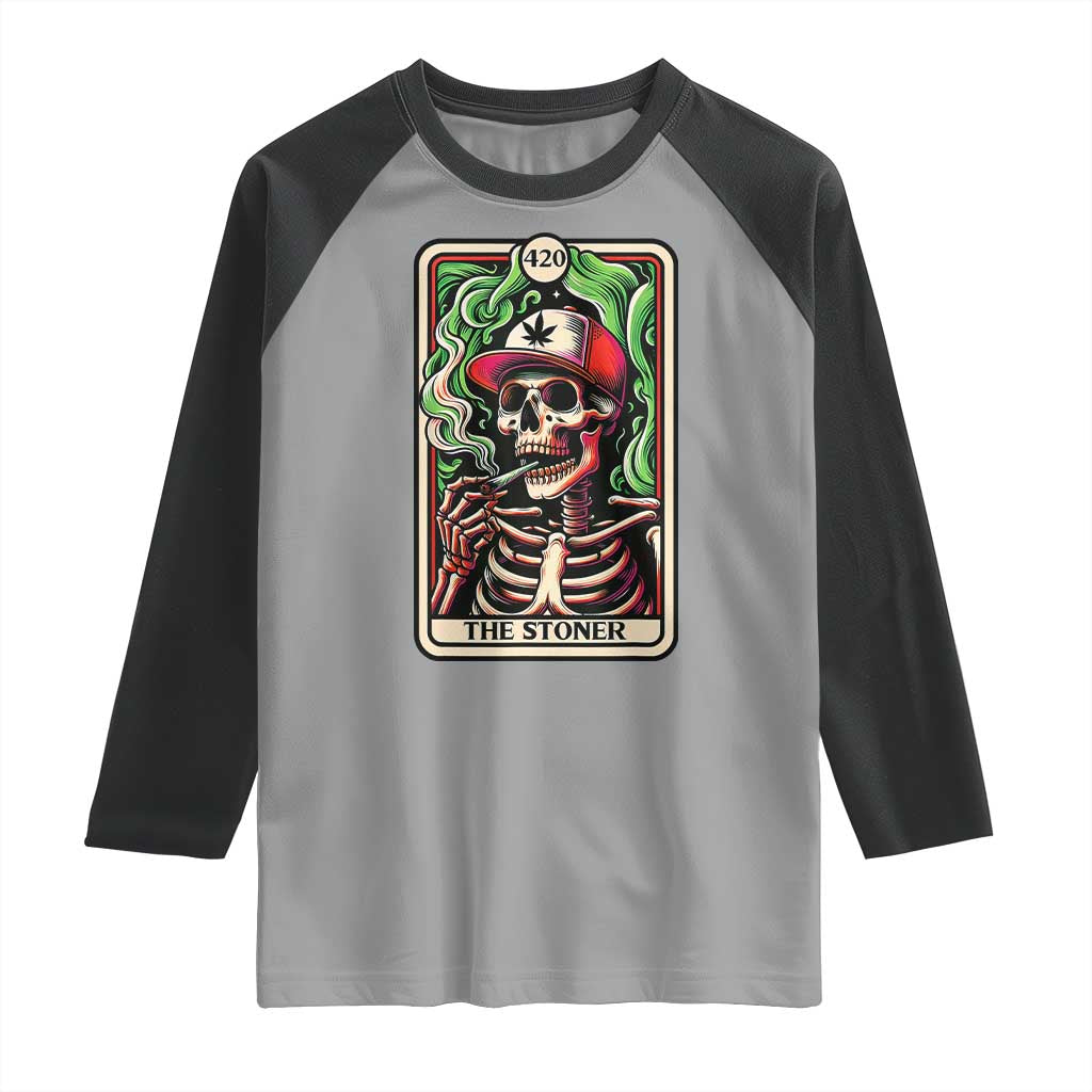 Skeleton 420 The Stoner Raglan Shirt Retro Tarot Card Weed Lover Cannabis Trippy Vibes TS02 Sport Gray Black Print Your Wear